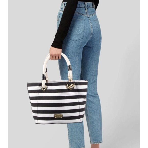 Michael Kors Marina Black White Striped Canvas Anchor Tote Shoulder Bag - Picture 1 of 16